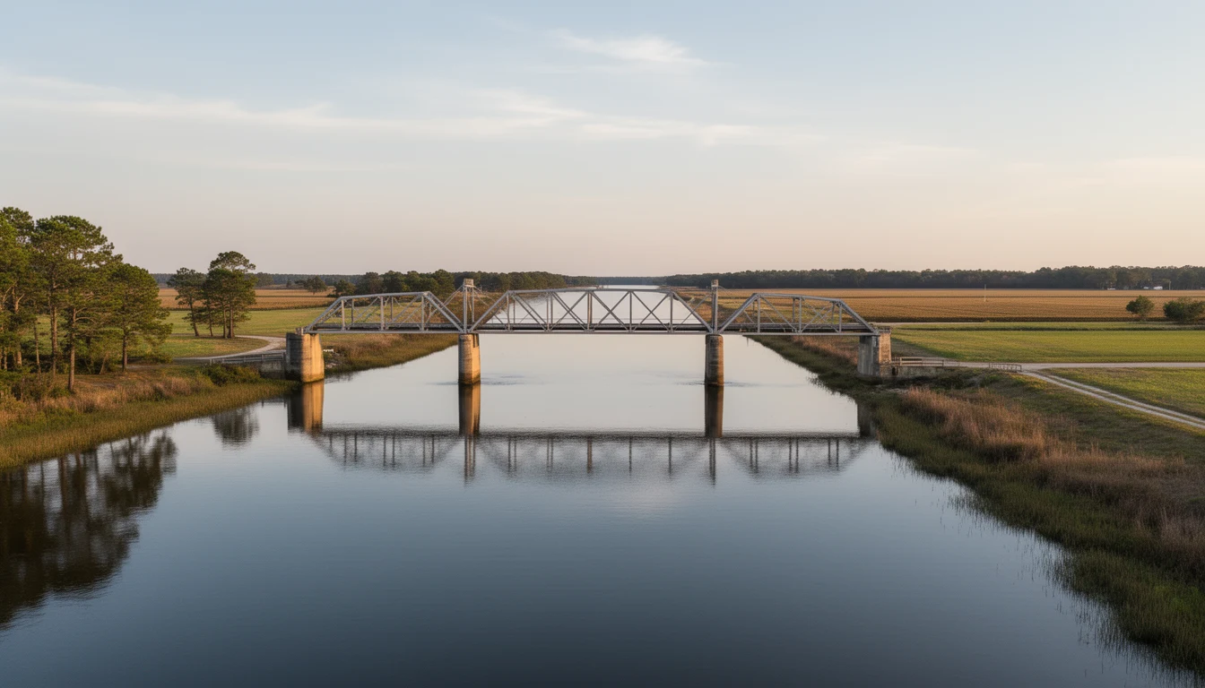 Swing bridge over the Perquimans River at the town of Hertford, calm water and tree-lined banks