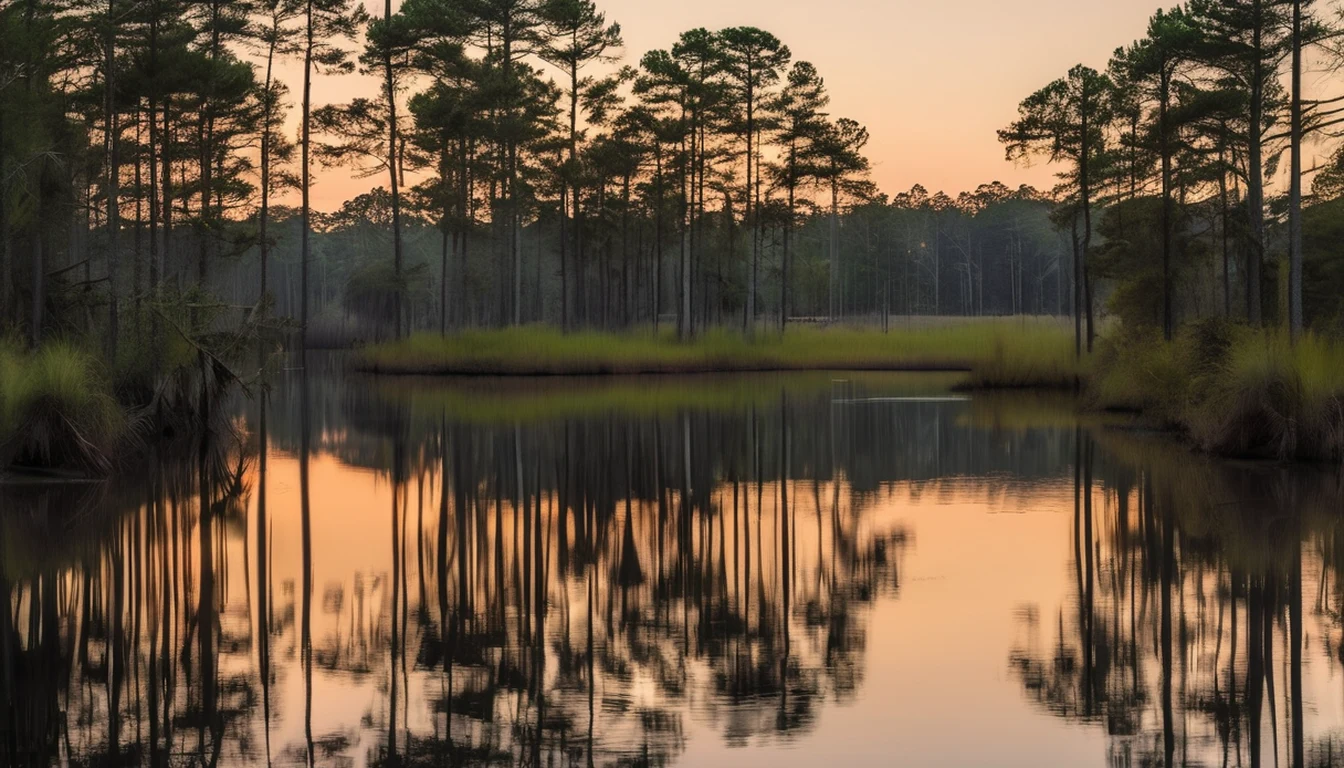 Calm estuarine water of the Albemarle Sound near Perquimans County at late afternoon, marsh grass and a distant tree line