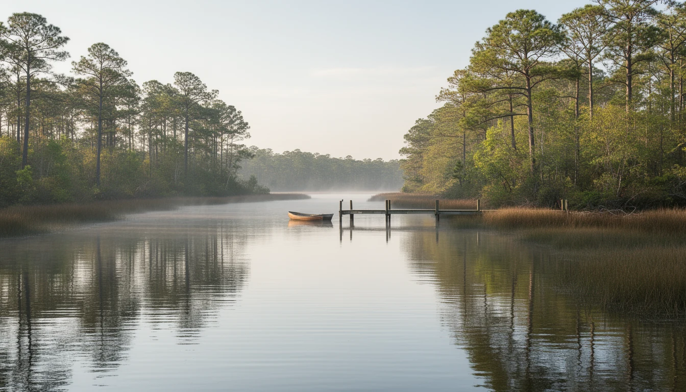 Perquimans River at the US 17 Business crossing near the town of Hertford, calm water and tree-lined banks