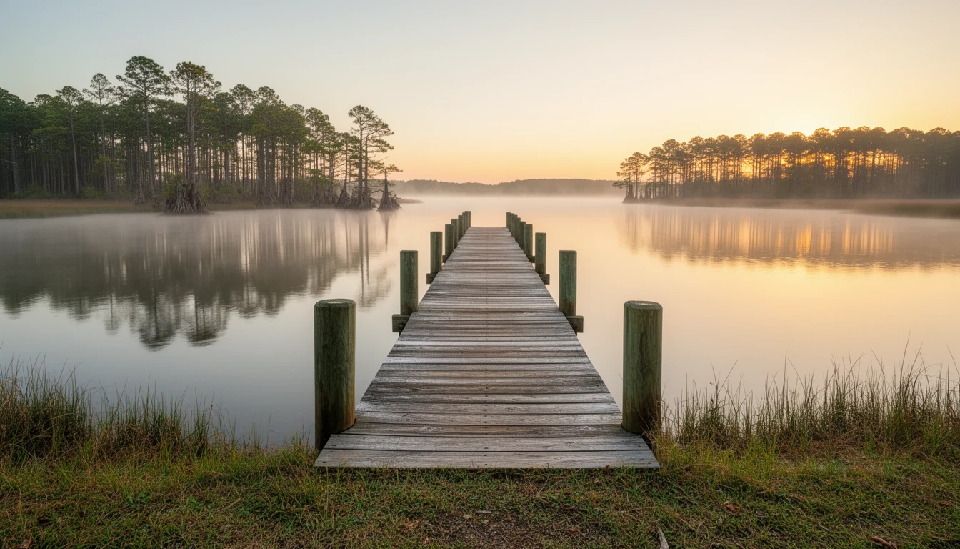 Calm Perquimans River near the town of Hertford at early morning, tree-lined banks and soft light on the water