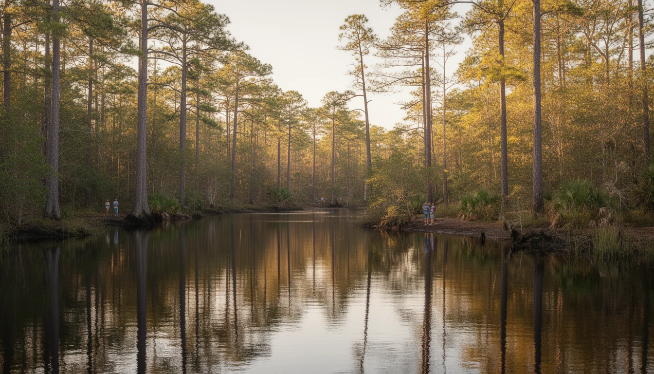 Perquimans River shoreline near the town of Hertford, calm water and tree-lined banks at golden hour