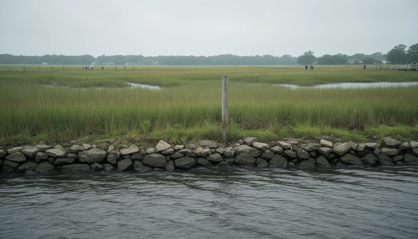 Native marsh grass and a low riprap bank holding the shoreline of the Perquimans River in Perquimans County, North Carolina