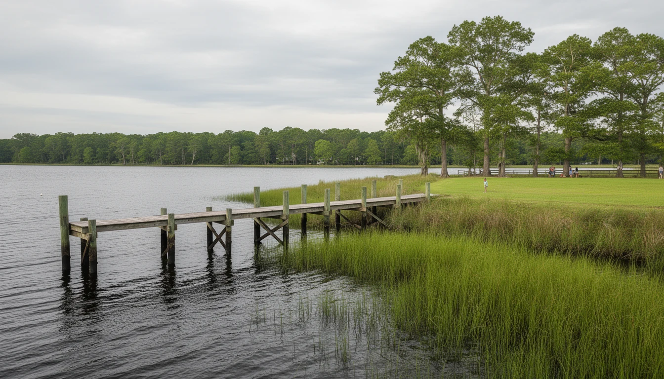 A grassy Perquimans County riverbank with a wooden dock and marsh grass meeting wind-rippled water under afternoon light