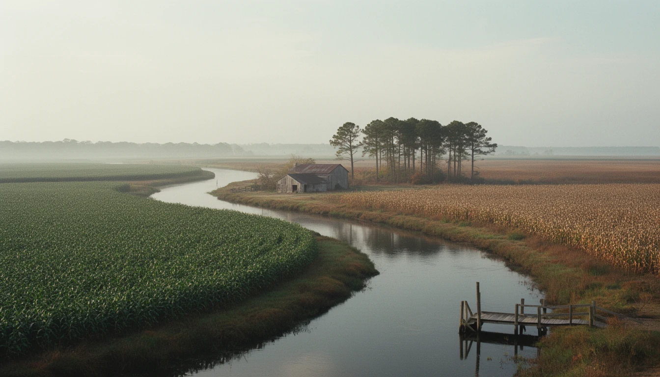 The Perquimans River bending past farm fields near Belvidere, Perquimans County, North Carolina