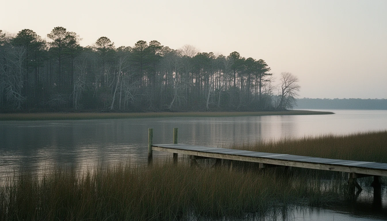 Calm Perquimans River at first light near the town of Hertford, Perquimans County, North Carolina