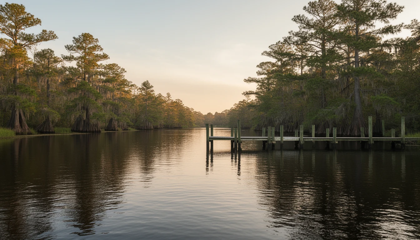 Perquimans River waterfront near the town of Hertford, tree-lined banks and calm water