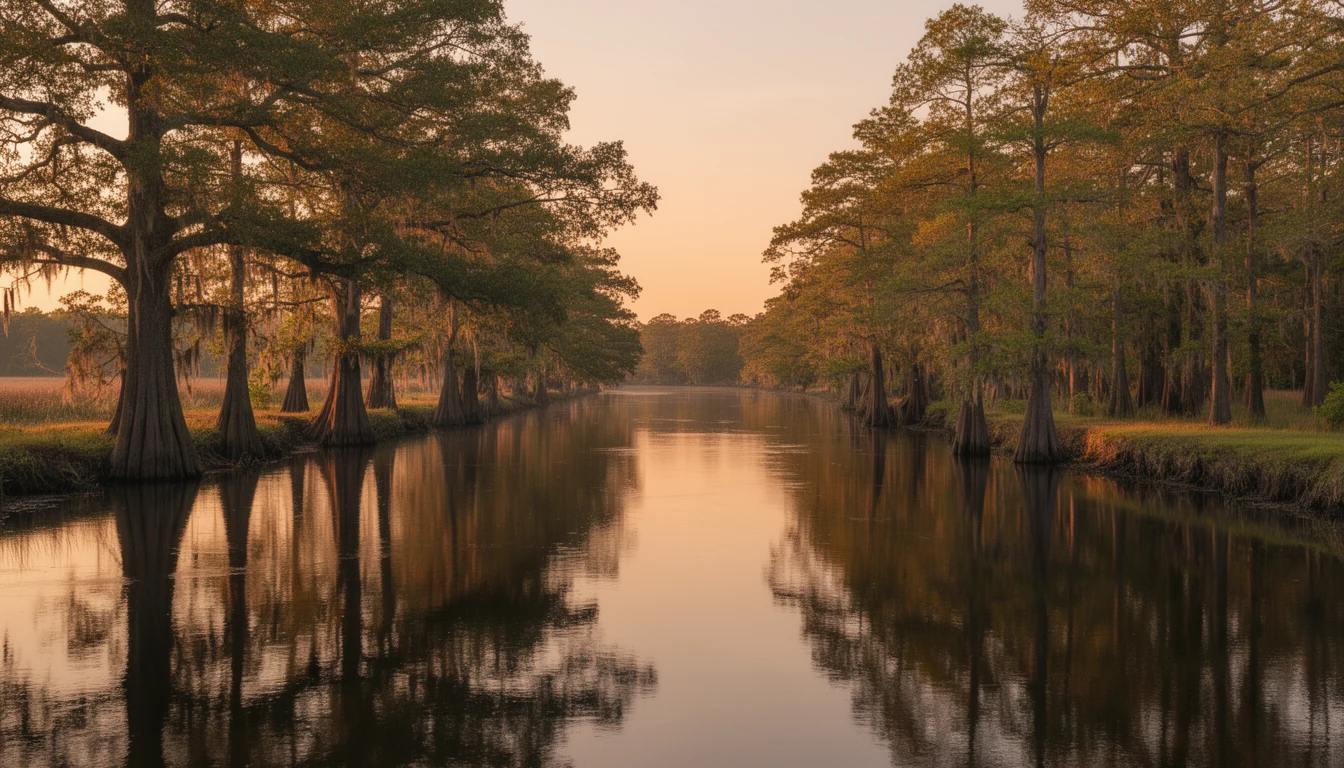 Calm Perquimans River with tree-lined banks at golden hour near the town of Hertford, North Carolina