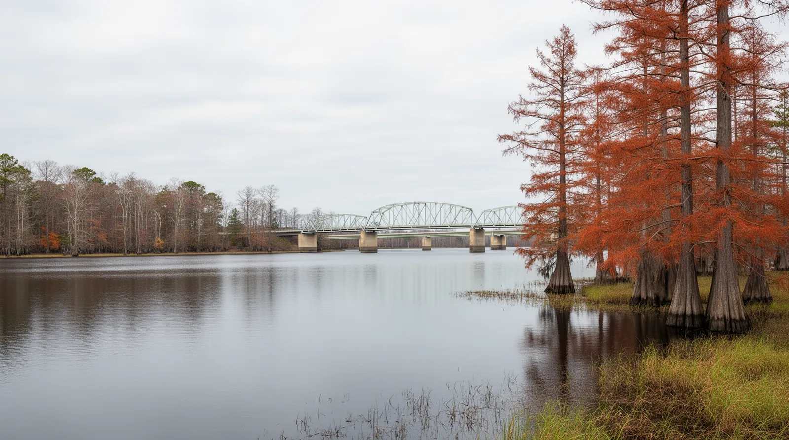 Cypress trees in the still Perquimans River at Hertford, with a low steel truss swing bridge across the water
