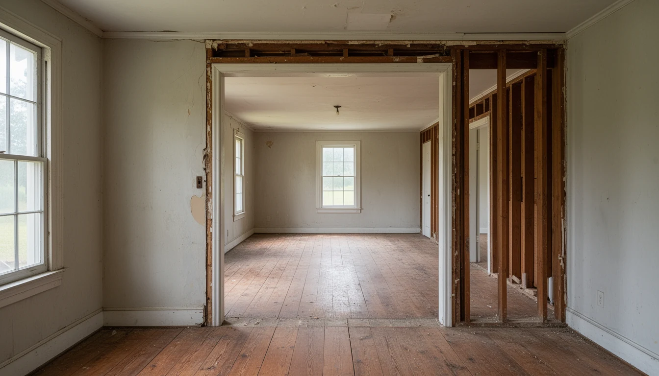 A doorway from an older front room into a lower rear addition in a Perquimans County farmhouse, exposed framing and afternoon light