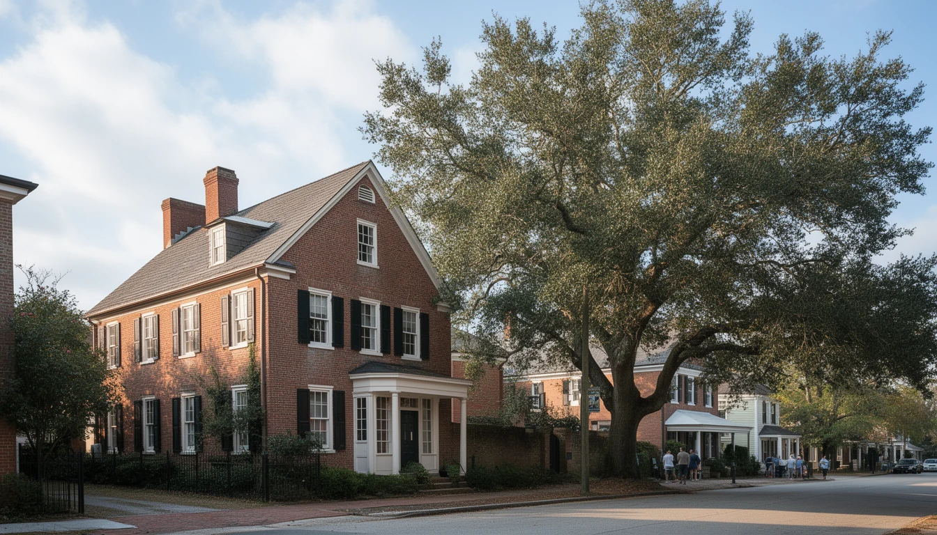 Brick house with white trim and black shutters on a tree-lined street in Hertford, Perquimans County