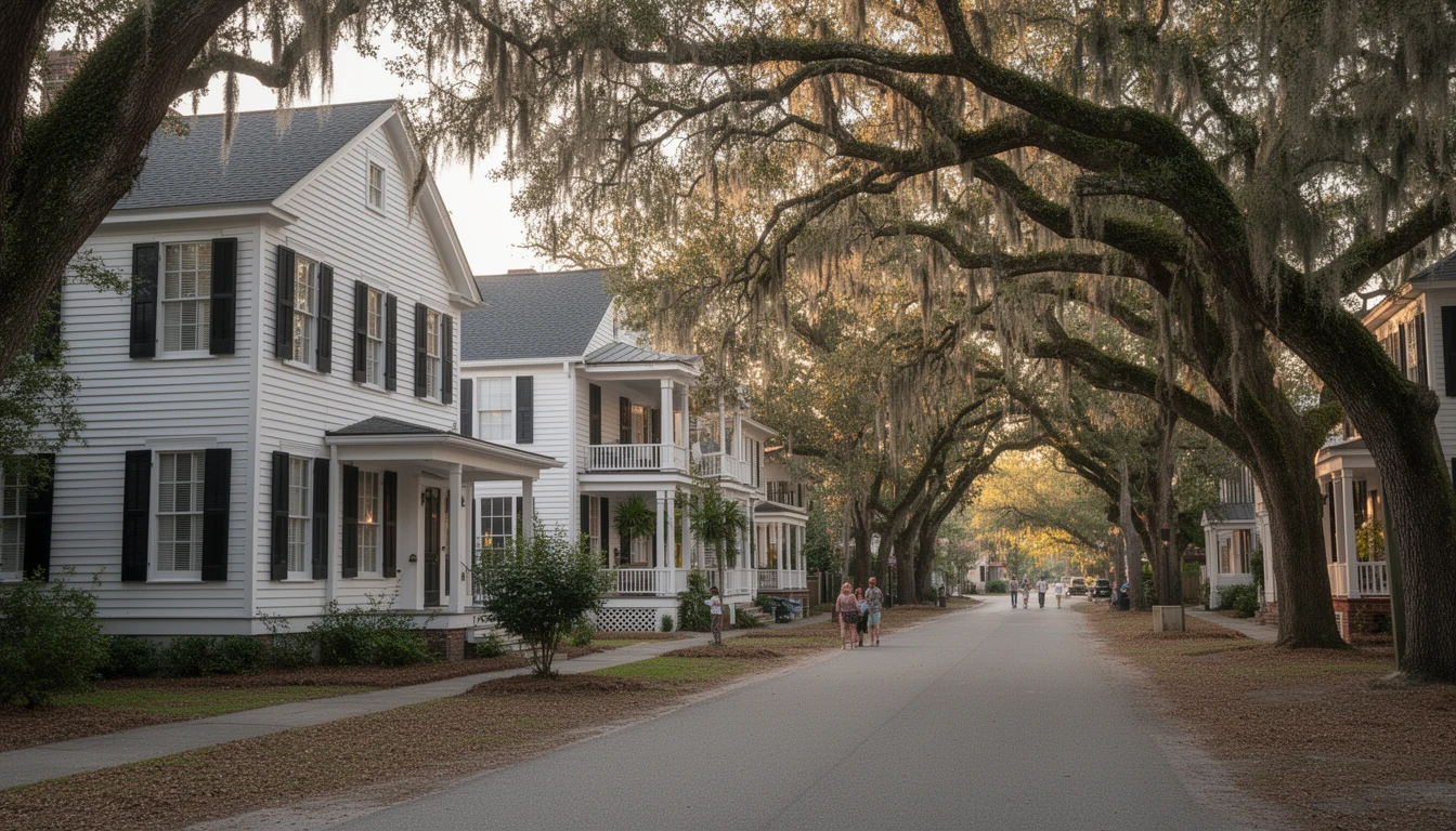 White Federal-style houses with front porches along a shaded street in the town of Hertford, Perquimans County
